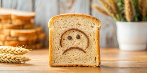 Sad slice of toast bread representing gluten allergy, with gluten free food options in the background, Gluten, allergy