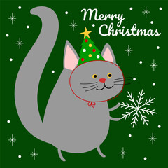 Christmas Cat with Festive Hat. Cute grey cat wearing a Christmas tree hat with colorful decorations. 