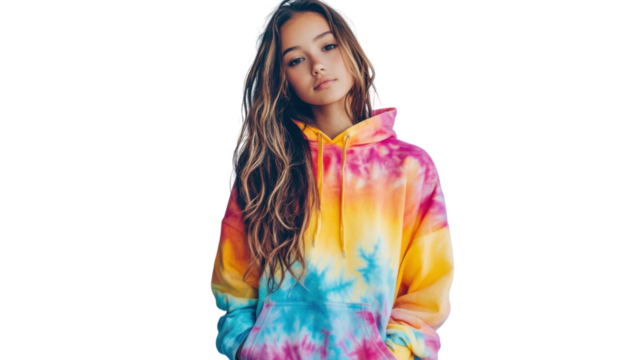A Stylish Girl in a Colorful Tie Dye Hoodie and Shorts Perfect for Casual Outings and Summer Vibes.