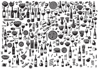 Minimalist hand drawn food and drinks vector illustration collection. Art for greeting cards, wedding invitations, poster design, postcards, branding, logo. Different mediterranean wine and pasta