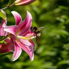Closeup of a Bombus terrestris, the buff-tailed bumblebee or large earth bumblebee, feeding nectar of pink flowers
