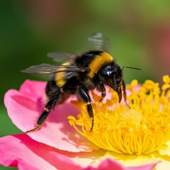 Closeup of a Bombus terrestris, the buff-tailed bumblebee or large earth bumblebee, feeding nectar of pink flowers
