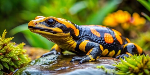 Fototapeta premium Aerial View of a Vibrant Fire Salamander (Salamandra salamandra) Resting on a Rock Surrounded by Lush Green Forest in Natural Habitat Captured from Above