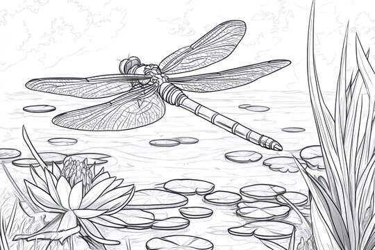 Detailed line art of a dragonfly flying over a pond with water lilies and reeds, ready for coloring