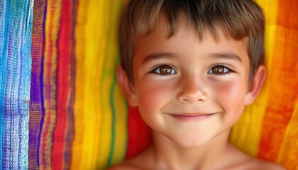 Happy Child Lying on Colorful Striped Blanket