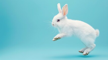 Obraz premium Playful White Rabbit Hopping in Mid-Air Against a Light Blue Background