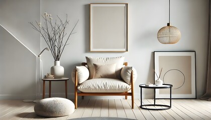 A cozy chair is surrounded by neutral toned decor, lending a clean, minimalist vibe.