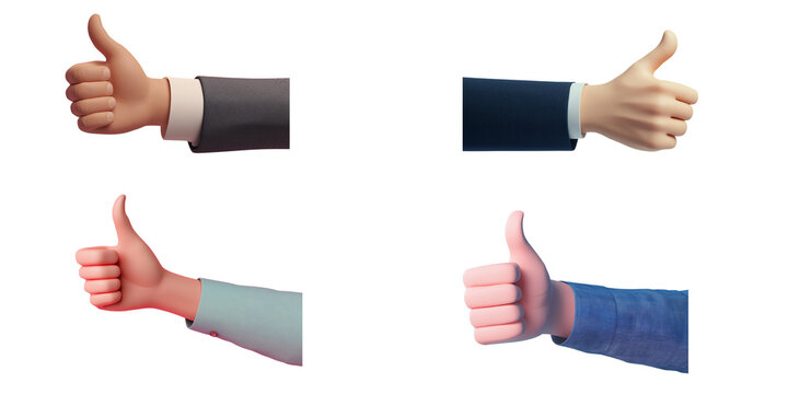 Set of 3D hand of business human giving a thumbs-up, in a smooth, cartoonish style minimalish, placed on a transparent background, conveying approval and positivity