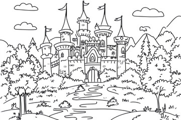 Naklejka premium Intricate line art depicts a fairytale castle surrounded by a lush forest, perfect for coloring and sparking imagination