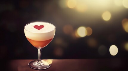 Romantic Egg White Sour Cocktail with Velvety Foam and Heart-Shaped Garnish, Perfect for Valentine’s Day, Celebrating Love with Its Creamy Texture and Citrus Notes