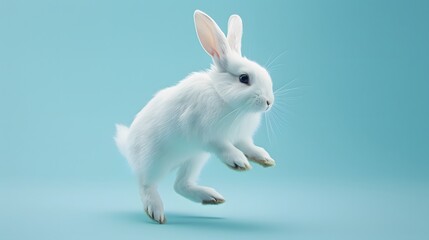 Obraz premium Playful White Rabbit Jumping in Air on Soft Blue Background