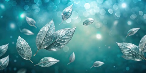 Silver leaves floating on a teal glowing background, silver, leaves, teal, glowing, background, abstract, nature, foliage
