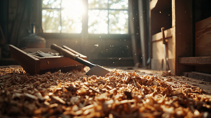 Alte schmutzige Schreinerwerkstatt mit S&auml;gesp&auml;hnen und Holzsp&auml;hnen