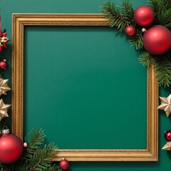 a frame with christmas decorations on it and a green background