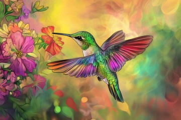 Colorful digital painting of a hummingbird with iridescent wings hovering near an orange flower in a vibrant garden with bokeh effect