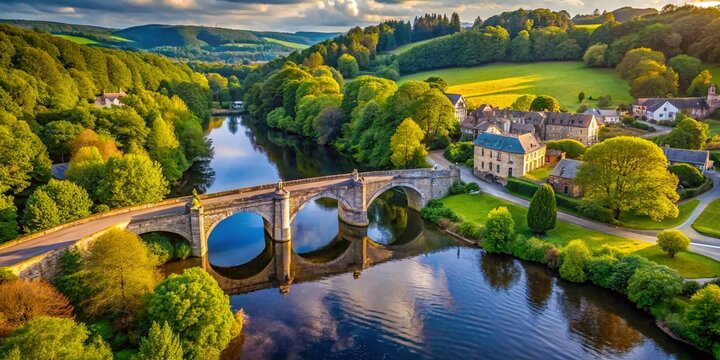 Aerial View of Barden Bridge Surrounded by Lush Greenery and Serene Waters, Capturing the Beauty of Nature and Engineering in Harmony with the Landscape