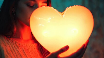 Woman holding glowing balloon shaped like a heart, romantic and surreal, warm and gentle lighting, dreamlike atmosphere, soft pastel background, whimsical vibe.