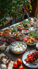 Rustic Mediterranean Feast with Fresh Salads, Cheeses, and Bread Under a Garden Canopy