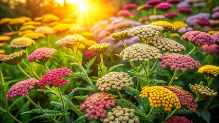 Fototapeta premium Aerial View of Blooming Yarrow in a Vibrant Garden Setting, Showcasing the Medicinal Herb's Beauty and Benefits with Rich Green Foliage and Colorful Flowers