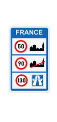 Panneau routier: iIndication aux fronti&egrave;res des limites de vitesse sur le territoire fran&ccedil;ais.


