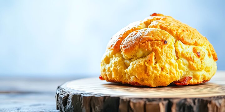 Golden-brown baked confectionery item resting on a rustic wooden board