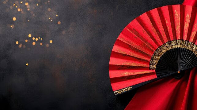 Elegant red fan against a dark backdrop with sparkles