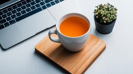 Cozy workspace with tea and a small plant