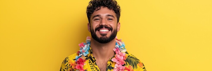 A man wearing a Hawaiian shirt and a flower lei is smiling. The image has a bright and cheerful mood