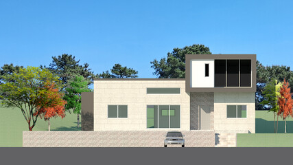 Facade illustration of Contemporary Two-Story Home with Brick Facade and Modern Balcony