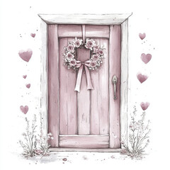 charming pink door adorned with floral wreath and hearts, evoking warmth and love