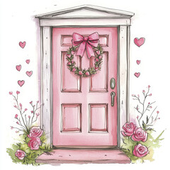 charming pink door adorned with floral wreath and hearts, surrounded by roses