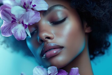 Fototapeta na wymiar Portrait of a young woman with purple orchids on a blue background