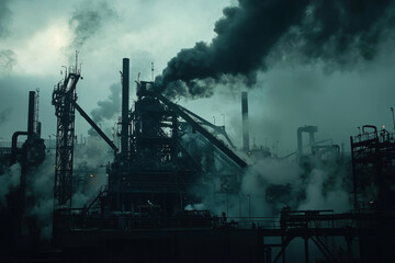 Steel Mill Pollution: Heavy Industry, Dark Smoke, Industrial Landscape