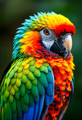 Obraz premium Exotic bird with vibrant plumage close up on its intricate feather patterns and bright colors a glimpse into a world of beauty, colorful, with white tones