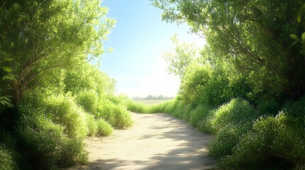 Obraz premium Serene path through lush greenery, sunlit trail, vibrant foliage, summer day, peaceful nature scene, idyllic landscape.