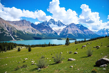 Mountainous region with lake meadow and snow-capped peaks