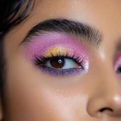 Naklejka premium Colorful Yellow Pink Eye Makeup with Blue Eyes Macro Shot
