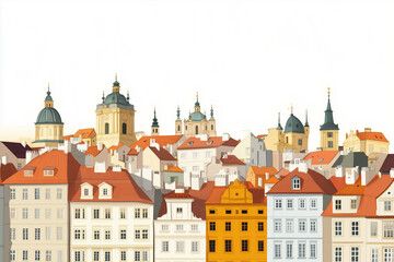 Fototapeta premium Minimal Prague City landscape, background of traditional Burnt Orange, yellow and white neighborhood buildings, graphic art