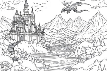 Naklejka premium Intricate coloring page featuring a royal castle, a flying dragon, and a winding river flowing through a mountainous landscape