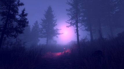 Misty forest path with firelight at dusk.
