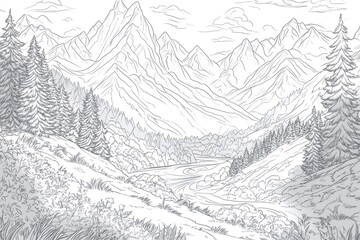 Black and white line art illustrating a serene mountain landscape with a river flowing through a tranquil valley surrounded by trees