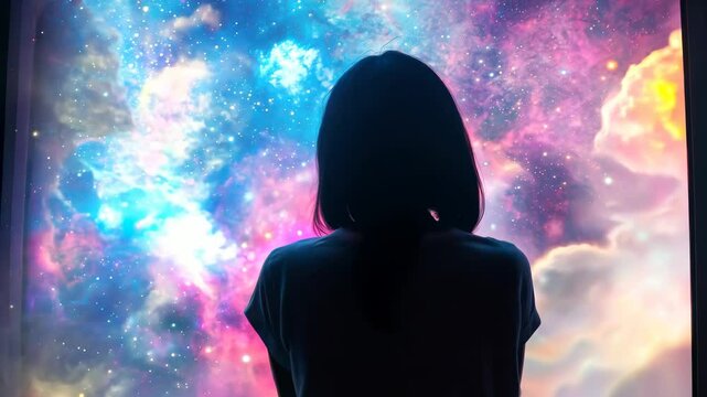 Woman looking through a futuristic window at a colorful nebula, reflection on the glass, sense of awe and wonder, sci-fi aesthetic, vibrant cosmic colors