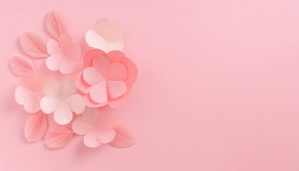 Beautiful handmade paper flowers with scattered petals on soft background, craft decoration, happay birthday, wedding concept.