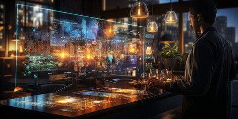  Man working with futuristic digital interface in a stylish office at night, featuring glowing data displays, urban skyline views
