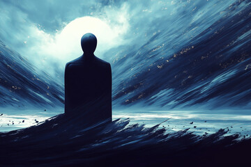 Abstract illustration, sculptural figure silhouette in dynamic energetic blue environment, bright light source, meditative mood, powerful. Symbolises meditation, mental health.