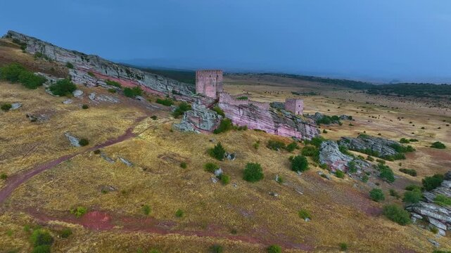 Landscape at the castle of Zafra (12th century). Municipality Campillo Due&ntilde;as. Aerial view from drone. Molina Alto Tajo Geopark. Alto Tajo Natural Park. Guadalajara. Castilla la Mancha. Spain. Europe