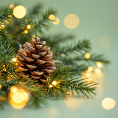 Evergreen branches lit by warm holiday lights