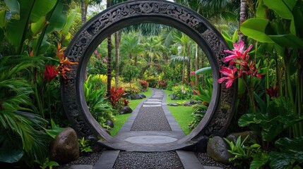 Circular stone archway in lush tropical garden with winding path.