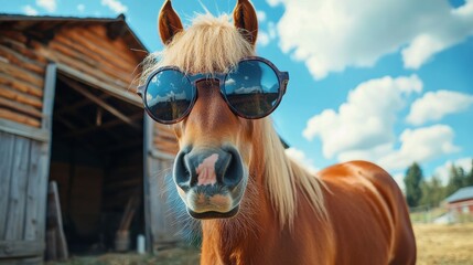 Fototapeta premium Funny horse wearing sunglasses in the farmyard playful setting whimsical animal photography