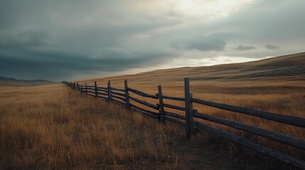 Obraz premium Rustic Wooden Fence Across Golden Grassland Under Cloudy Skies